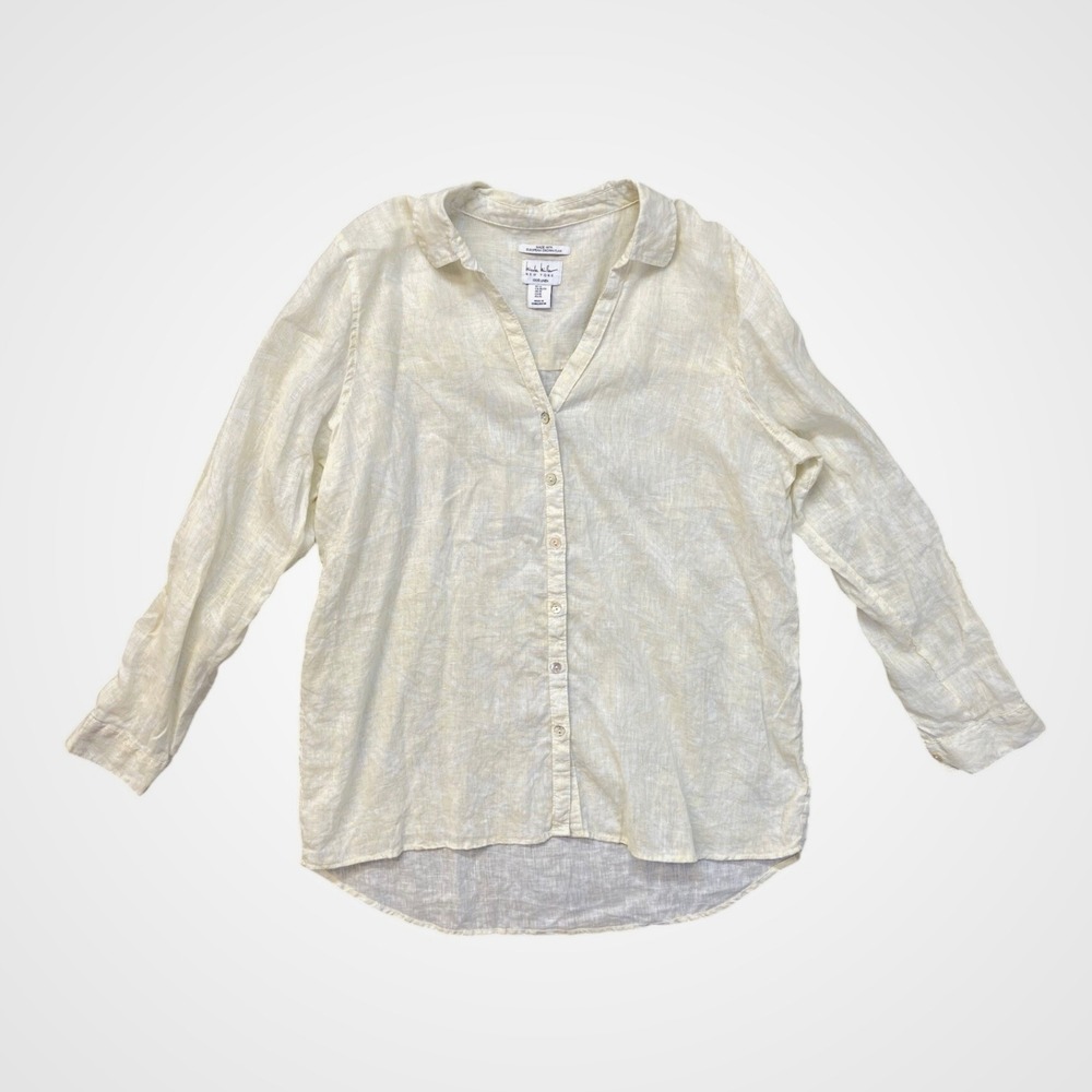 Nicole Miller New York Linen Flax Palm Print Button‎ Up Shirt Cream XL Womens